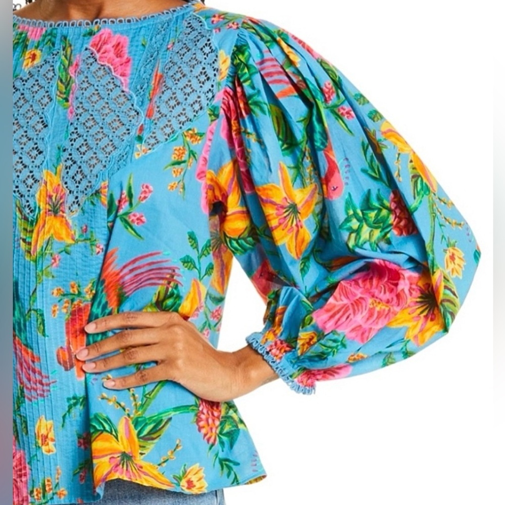 FARM RIO Toucans Lace Inset Balloon Sleeve Cotton Blouse Floral Blue Small S